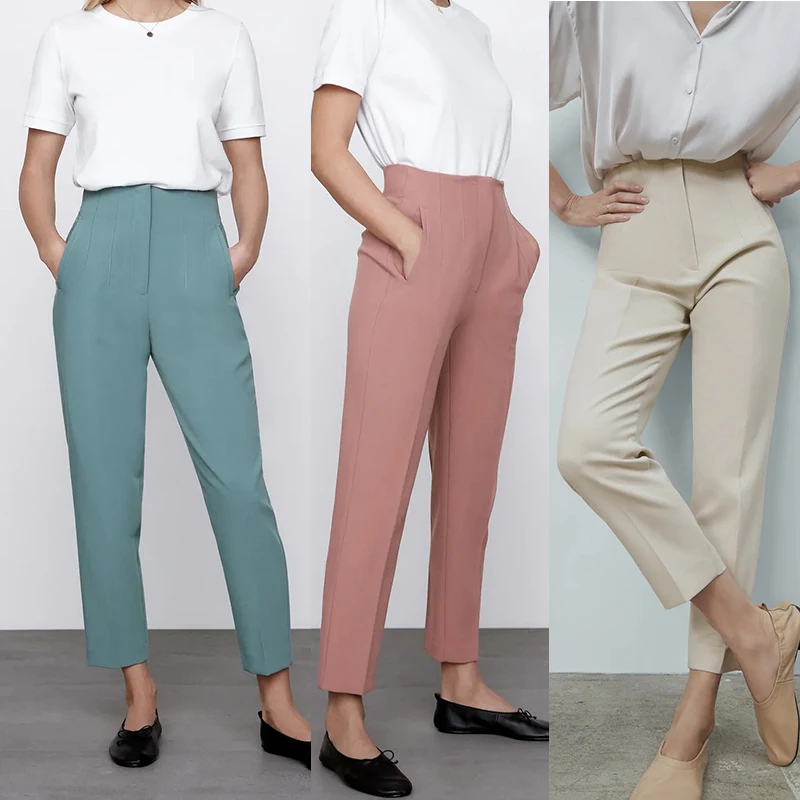 Za-Pantalones informales elegantes para mujer, calzas de cintura alta a la moda, para ir al trabajo y la calle, primavera 2021