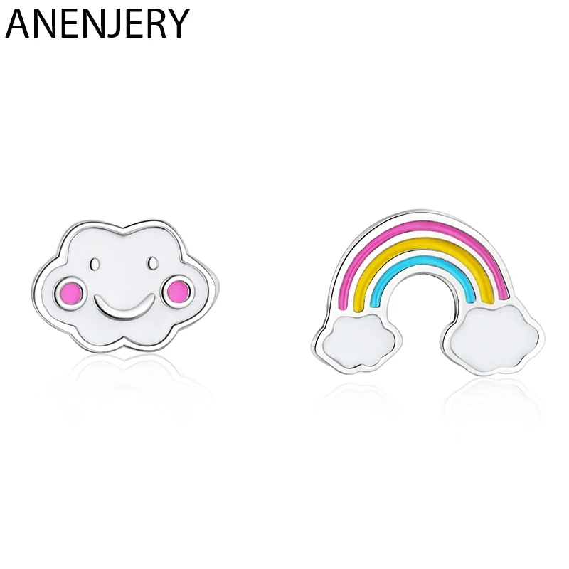 ANENJERY простые милые радужные асимметричные серьги-гвоздики 925 пробы Серьги серебристого цвета; бижутерия для девочек; Прямая поставка; S-E956