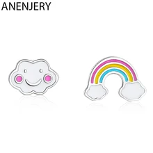 ANENJERY простые милые радужные асимметричные серьги-гвоздики 925 пробы Серьги серебристого цвета; бижутерия для девочек; Прямая поставка; S-E956