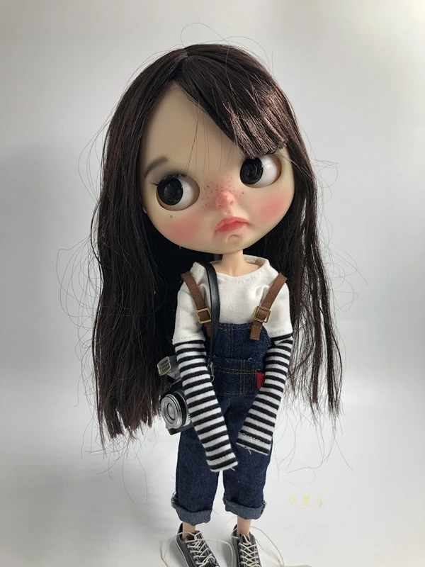 2 шт./компл., модный Джинсовый комплект Blyth Dolls, футболка в полоску+ джинсовый комбинезон для blyth, Azones, OB24 1/6, аксессуары для кукол