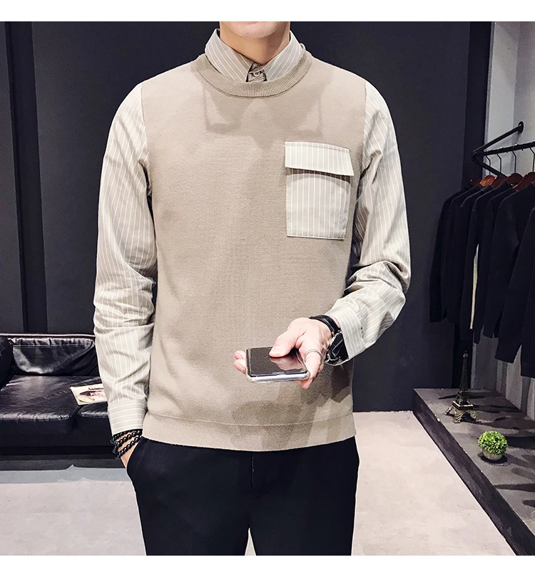Британский стиль поддельные две части свитер пуловер свитер мужской Blusa Masculina модная одежда мужской круглый вырез длинный рукав вязание