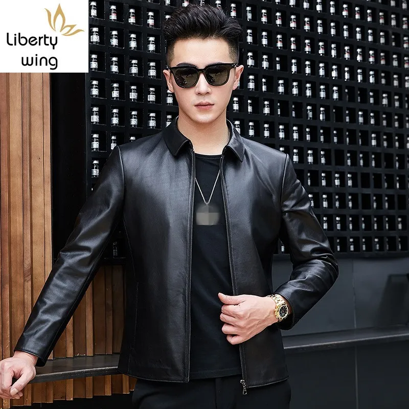 

Business Casual Genuine Leather Men Cowhide Turn-down Collar Short Coat Male Luxury Black Motorcycle Jacket Plus Size 4XL
