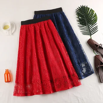 

summer new high waisted slim lace embroidered skirt Han version a word medium length all-around zipper skirt children