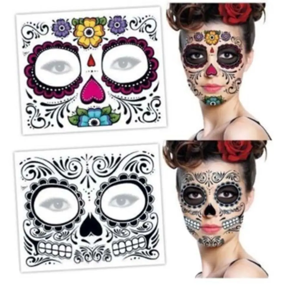 

2PCS New Halloween Temporary Tattoo Sticker Day Of The Dead Face Mask Sugar Skull Tattoo Sticker Stage Props Art Makeup