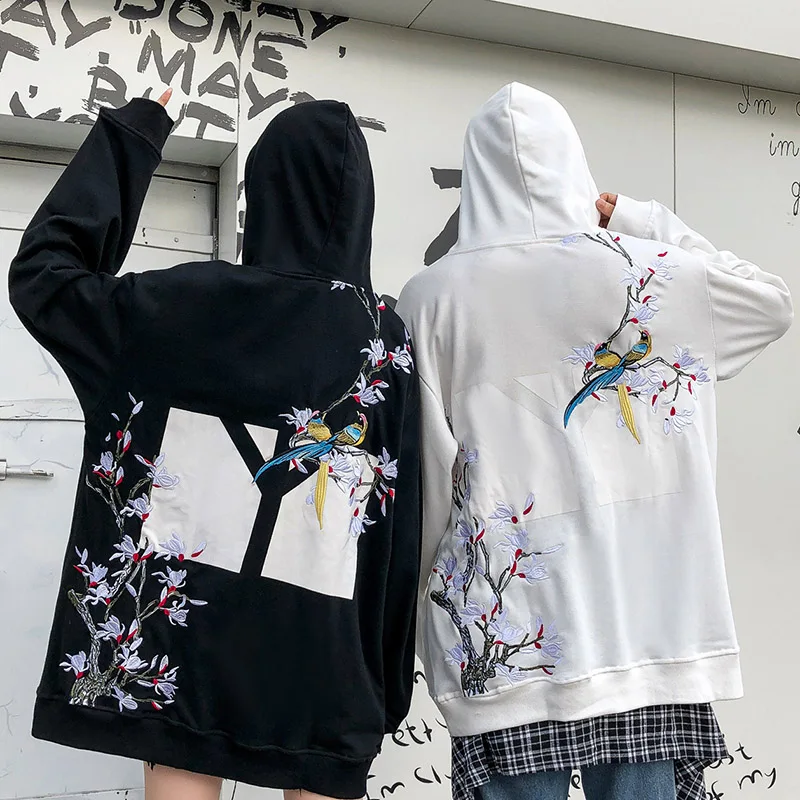 Толстовка с капюшоном с вышивкой радужные птицы цветочные толстовки Harajuku уличная японский осенний пуловер Спортивная рубашка хлопок