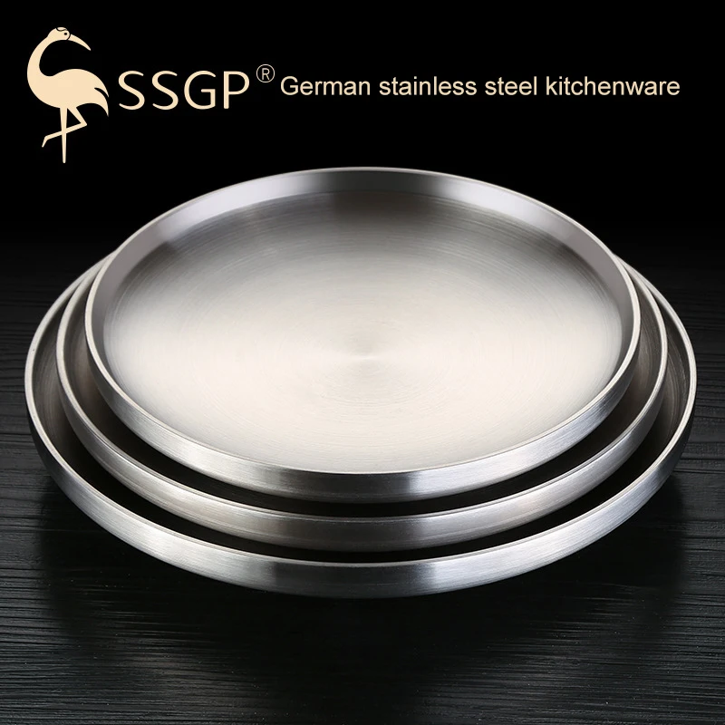 

304 Stainless Steel Round Steak Plate Tray Single Layer Salad Fruit Breakfast Steak Tray Bbq Tableware Dish