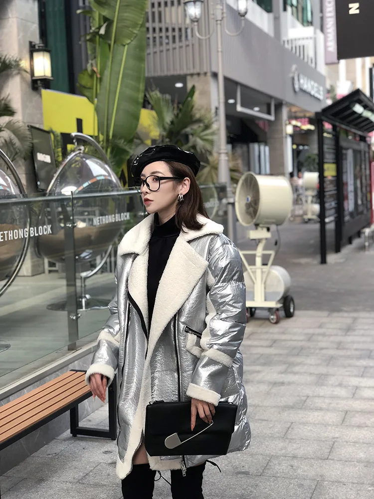 Ins, хит, серебро,, зимняя, Harajuku, свободная, с капюшоном, длинная, зимняя куртка, для женщин, теплая, уличная, овечья шерсть, пальто для женщин, SA048S30