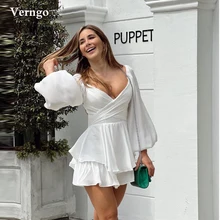 

Verngo Sexy Puff Long Sleeves Chiffon Prom Party Dresses V Neck Mini Cocktail Dress Lady Summer Casual Wear Outfit Garment