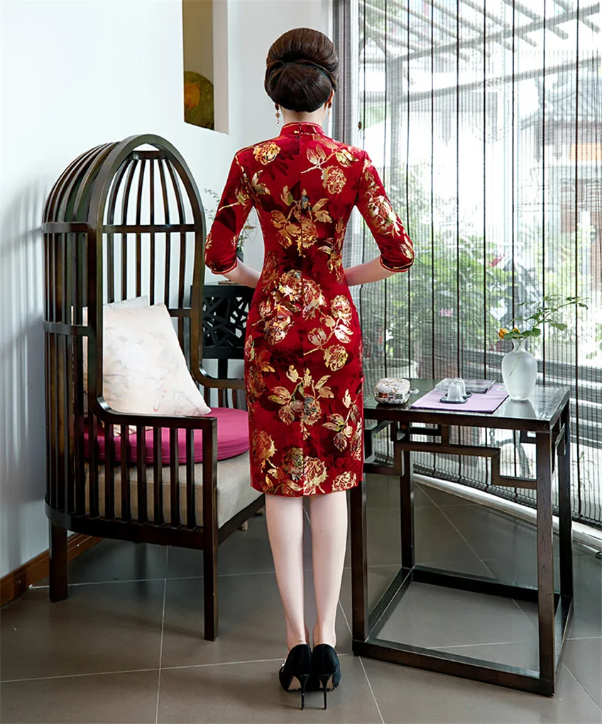 Шанхай история Половина рукава китайское традиционное платье Cheongsam Цветочная вышивка бархат Qipao китайское женское платье 3 цвета