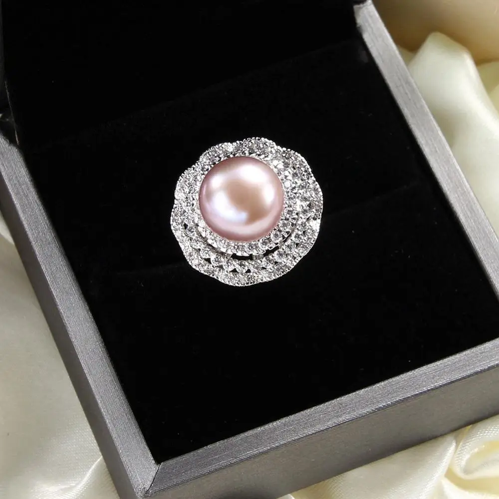 Натуральное пресноводное жемчужное покрытое 925 Серебряное кольцо для женщин, свадебное высококачественное циркониевое роскошное ювелирное изделие, жемчужные кольца - Цвет камня: Purple Pearl