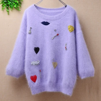 

ladies women vintage beading autumn winter angora rabbit fur seven puff sleeves loose pullover mink cashmere jumper sweater tops