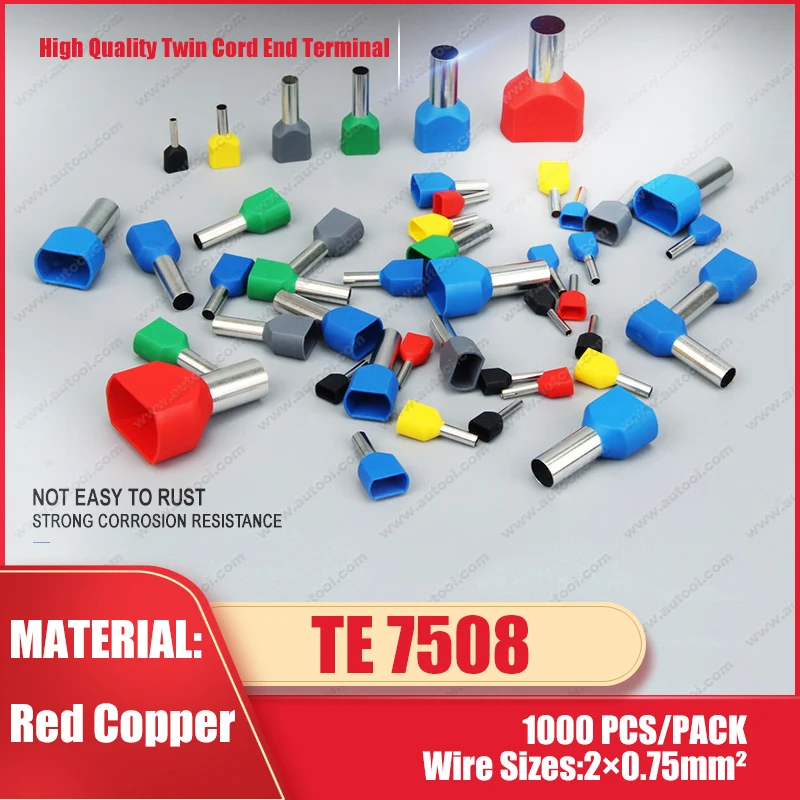 Te7508 1000pcs Wire Ferrules Sleeve Double Cord End Terminal Copper