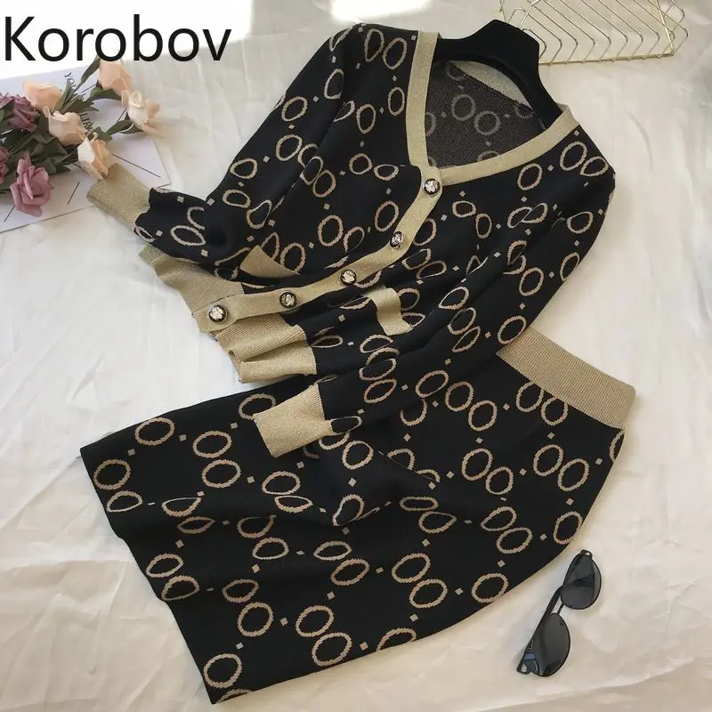 Korobov осенний Новый хит цветной вязаный комплект из двух предметов с люрексом
