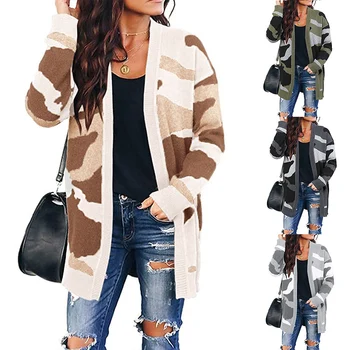 

Fashion Women Casual Camouflage Mid-length Knitted Cardigan Long Sleeve Cardigan Coat