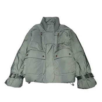 

Winter Jacket Women Profile Tooling Short White Cotton Coat Leather Buckle Big Pocket Bread Outwear Women's Parka Female Jacket