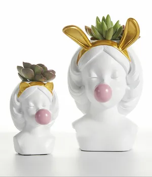 

Nordic Resin Human head Golden vase Cute catwoman bubble gum vase Decoration Household living room Flower arrangement Creative