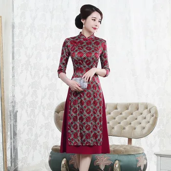 

Quinceanera Promotion Knee-length High Autumn 2020 New Chinese Knot Silk Cheongsam Fashion Improved Retro Aodai Dress Woman