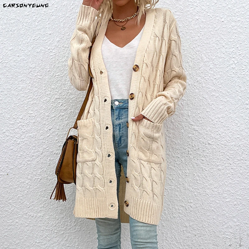 CARSONYEUNG Vintage Twist Cardigan Women Sweater Knitwear 2021 Autumn Winter Female Long Knitted Coat Button Cardigans New |