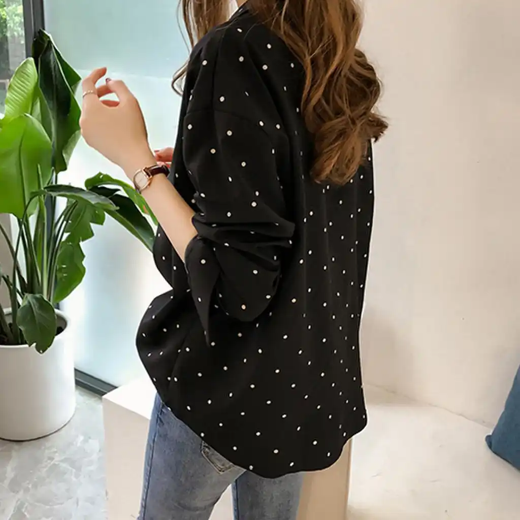 المرأة بلوزة النقاط طباعة قميص غير رسمي كم طويل رفض طوق فضفاض المرأة البلوزات Ol بلايز بلوزة مريحة Camisa Femeni Aliexpress