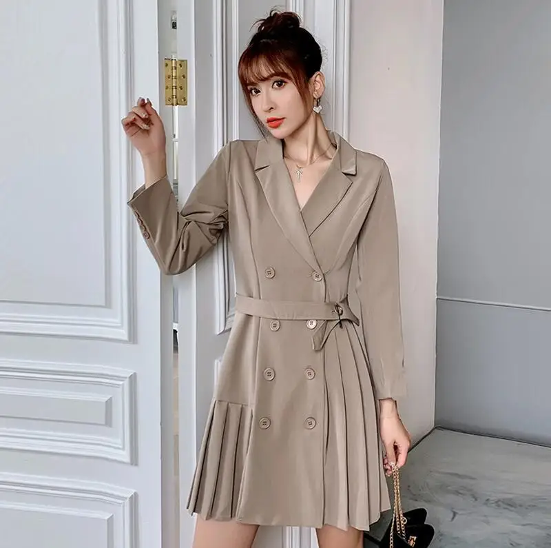 khaki Осенние блейзеры, новинка, корейская мода, тонкий, для похудения, длинный костюм, женский, с завязками на талии, тонкий, на талии, с ремешком, длинный рукав, Длинные блейзеры, осенний Топ - Цвет: khaki