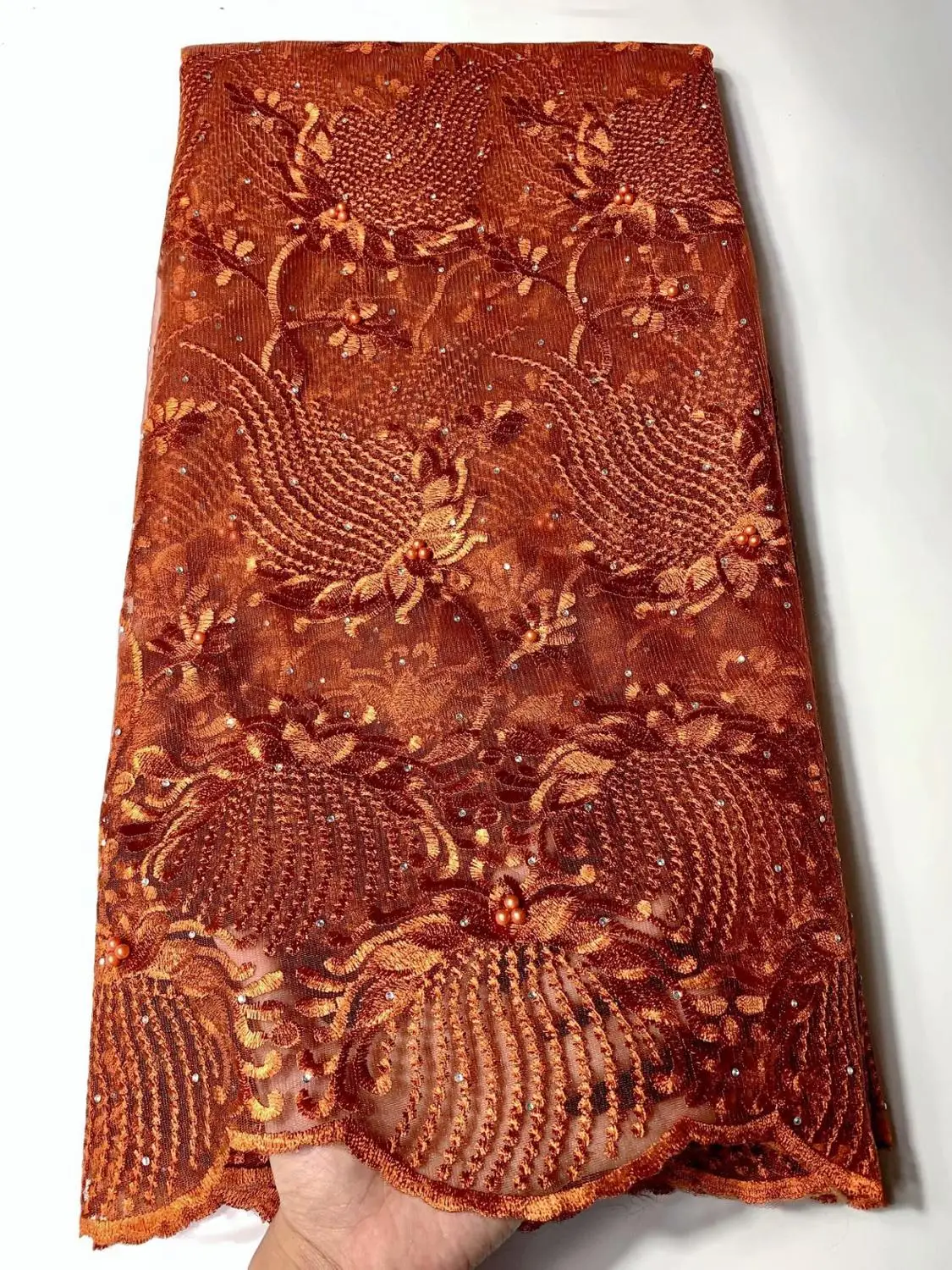 Оранжевые камни французская кружевная ткань с бисером Стразы для платьев