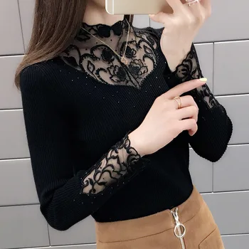 

Korean Women Lace Knitting Sweater Ladies Solid Turtleneck Pullover And Jumper Slim Elasticity Sweater Pull Femme Winter Clothes