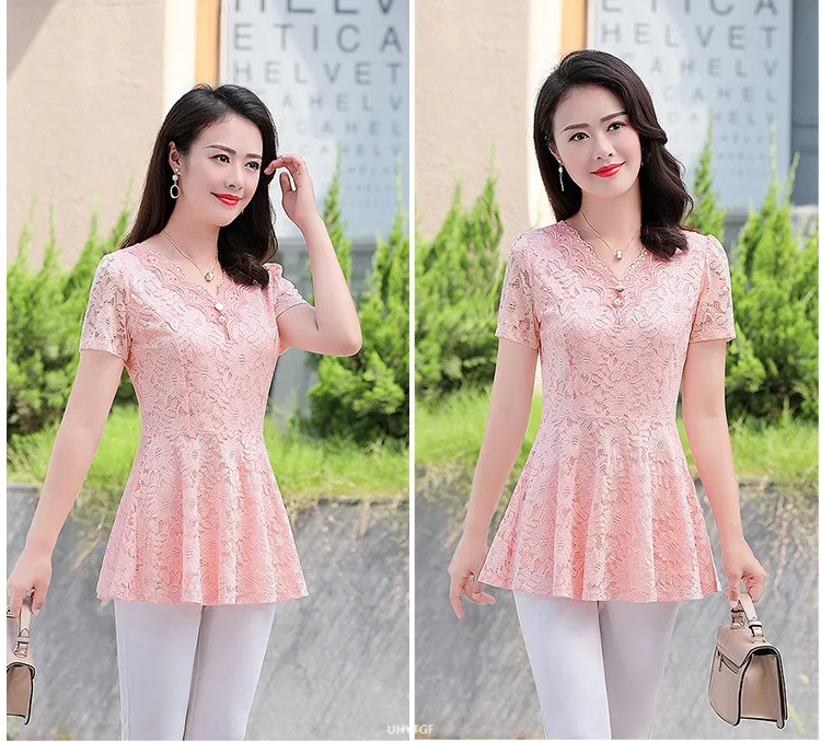 UHYTGF Womens Blouse Hollow Lace V-Neck Pullover Solid Wild Summer Shirt Elegant Female Clothing Chiffon 5XL Big Size Tops 2085