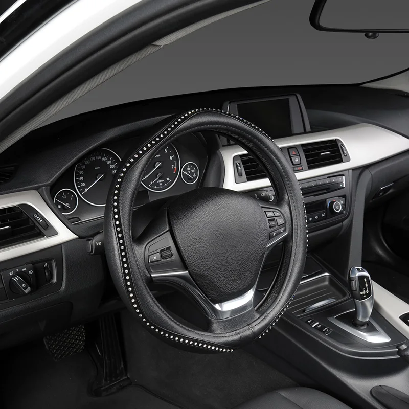 

Fashion Steering Wheel Cover Black Lychee Pattern with Luxury Crystal Rhinestone M size Fits 38cm/15" Diameter
