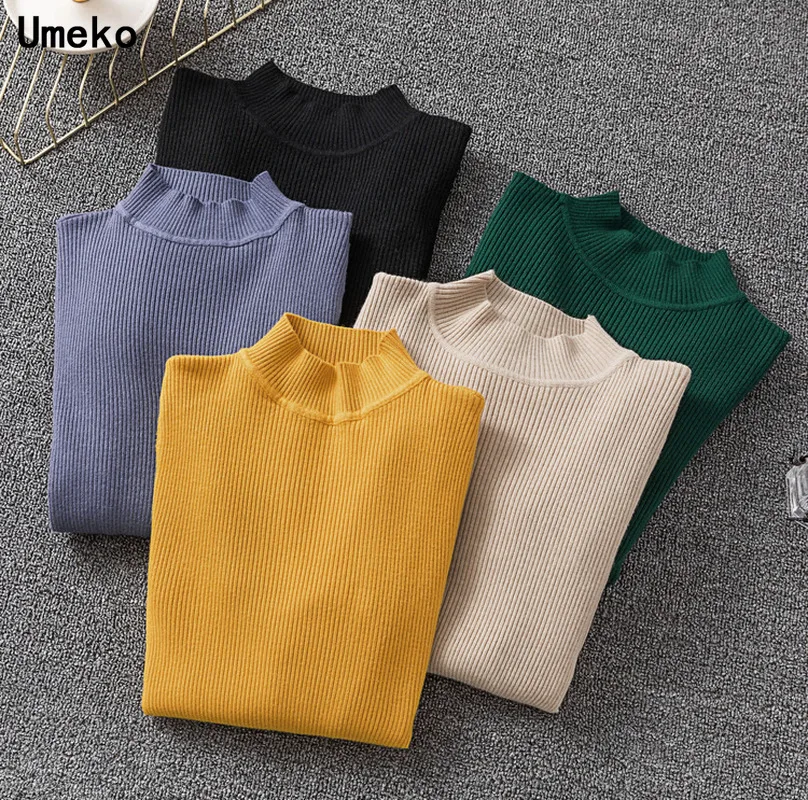 

Umeko Solid Casual Turtleneck Sweater 2019 Winter Women Pullover Jumper Tops Korean Slim-fit Tight Long Sleeve Warm Sweater