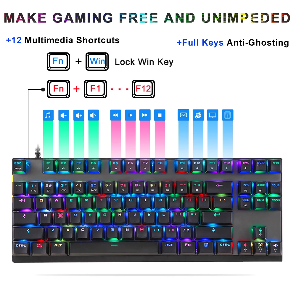 Motospeed CK82 Mechanical Keyboard USB Wired 87 keys Gaming Keyboards with RGB Backlight for PC Computer Gamer Russian Spanish