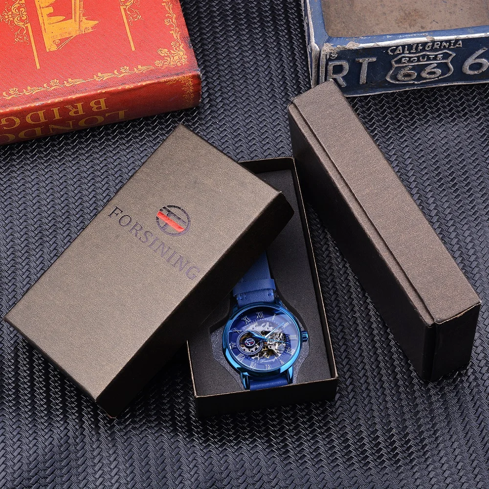 Forsining Mens Full Blue Mechanical Watches Hand Winding Analog Genuine Leather Belt Business Dress Wristwatch Relogio Masculino