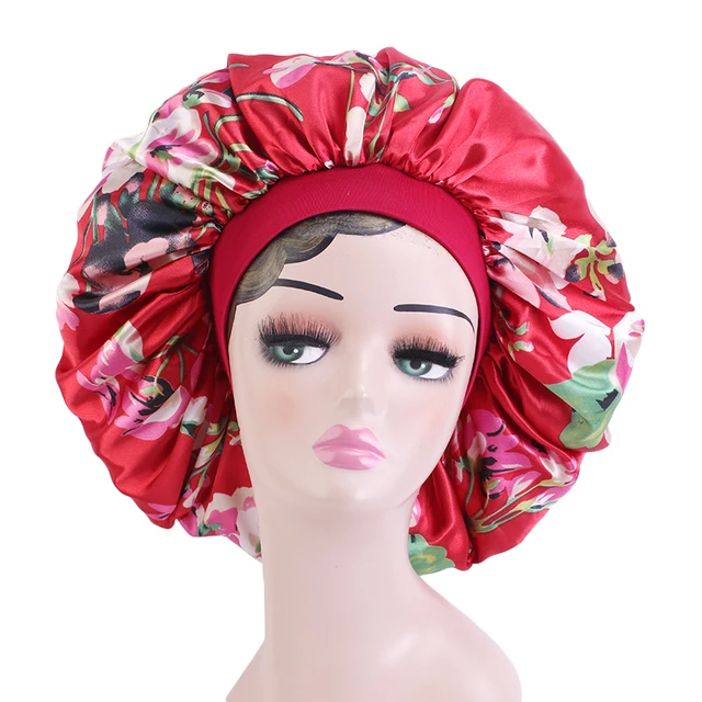 New Women Big Size Beauty print Satin Silky Bonnet Sleep Night Cap Head Cover Bonnet Hat for For Curly Springy Hair Black 408E Red Flower