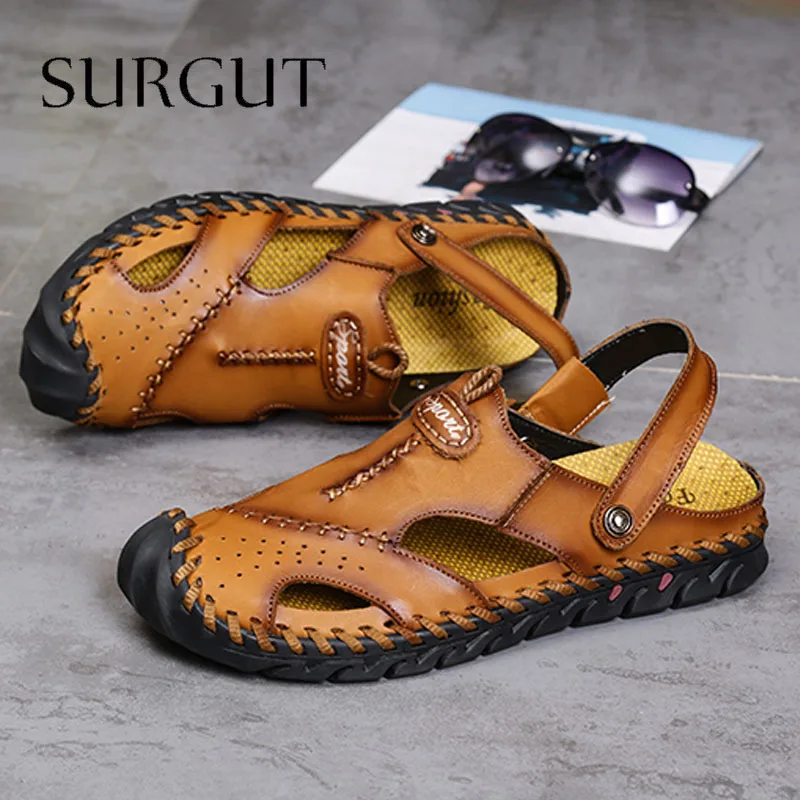 SURGUT Genuine Leather Men's Sandals Summer Soft Shoes Beach Men's Sandals High Quality Hot Sale Sandals Slippers Size 38~48
