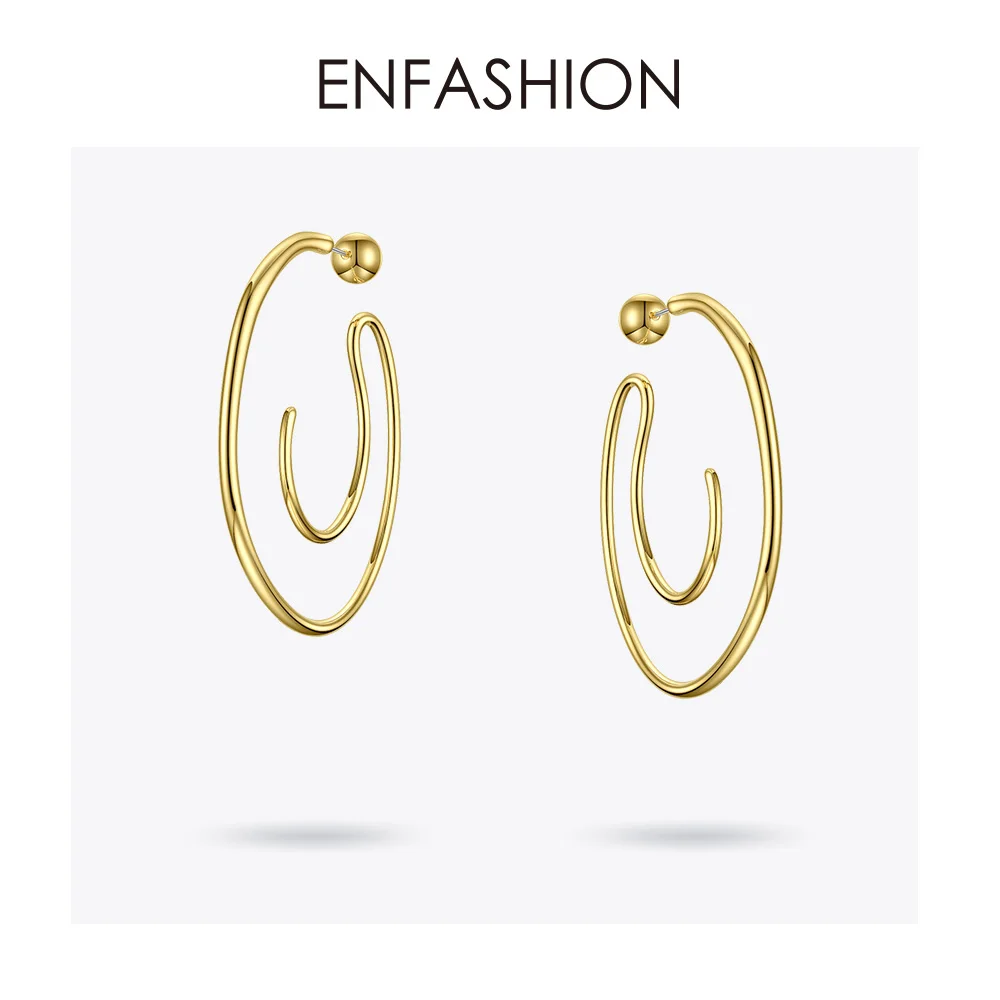 ENFASHION, большой круг обруч, серьги для женщин, аксессуары, золотой цвет, массивные шарики, кривые обручи, серьги, модное ювелирное изделие E191122