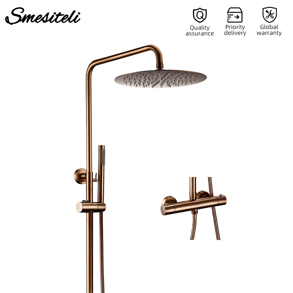 Wall Mount Thermostat Mixer Shower Bathroom Faucet Diverter With Rain Head HandShower Thermostatic Solid Brass Wholesale Premium