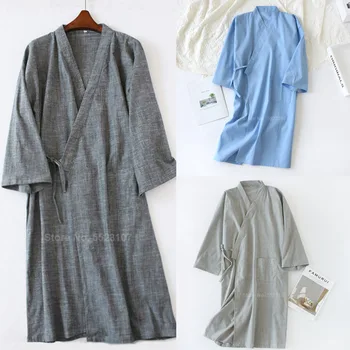 

Japanese Style Pajamas Robe For Men Solid Cotton 2020 Summer Kimono Sauna Wear Sleepwear PIjamas Kimono Gown Breathable Clothing
