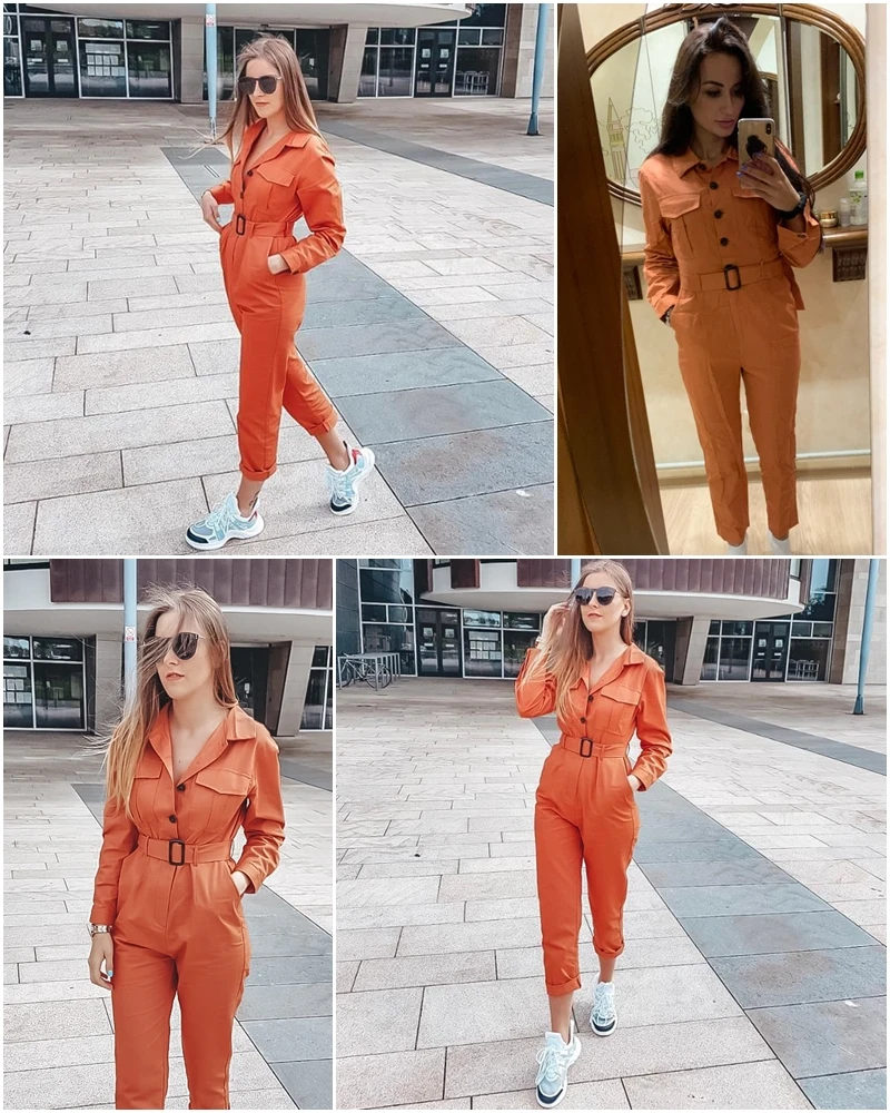 JaMerry Vintage casual cargo cotton women's jumpsuit Sashes orange pocket sports jumpsuit overall Solid autumn winter romper