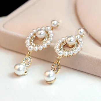 

2020 Women Elegant Pearl Long Earring Temperament Geometrical Shape Bride Inset Gem Pearl Pendant Earrings Jewelry Gift