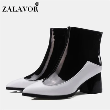 

ZALAVOR Sexy Pointed Toe Mixed Color Ankle Boots For Women Zipper Thick Heels Shoes Autumn Winter Woman Footwear Size 32-48