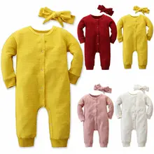Одежда для новорожденных г. Осенний комбинезон с длинными рукавами для маленьких мальчиков, однотонный розовый, белый, желтый комбинезон, повязки на голову для девочки, наряд для маленькой девочки