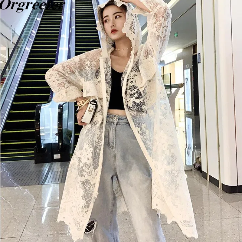 Chic Design Perspective Lace Trench Summer New Floral Embroidery Long Hoodies Coat Mesh Lace Patchwork Holiday Sunscreen Coat