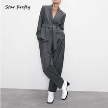 Звездный Светлячок повседневный элегантный офисный костюм набор женский с поясом однобортный Блейзер плиссированные широкие брюки костюм брюки для женщин