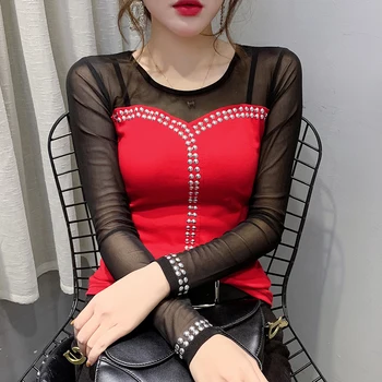 

2020 New Spring Autumn Korean Clothes Sexy Patchwork Mesh Rivet T-shirt Women Tops Ropa Mujer Bottoming Shirt Slim Tees T9D006