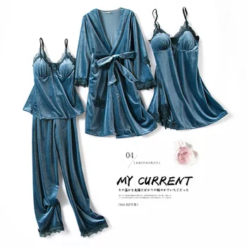 

Velour Long Nightwear 4pcs Pajams Suit Women Autumn Sexy Casual Pijamas Set Lace Patchwork Softy Negligee Home Clothing