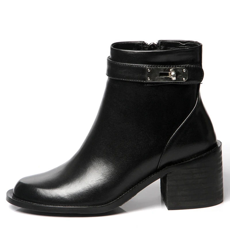 

YECHNE Woman Genuine Leather Chelsea Boots Buckle Autumn Winter High Heel Shoes Black Fashion Sexy Chain Ankle Boots