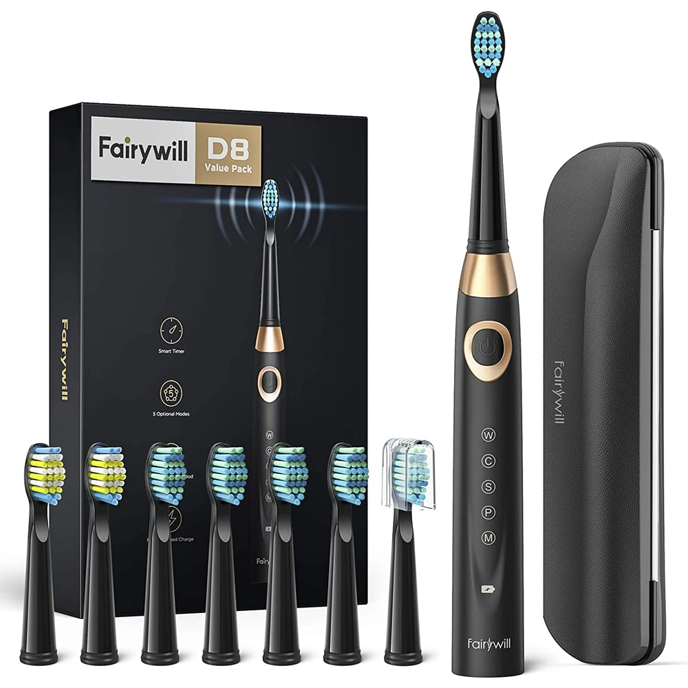 Fairywill Electric Sonic Toothbrush 5 Modes Replacement Heads Waterproof Travel Case Powerful Cleaning Soft Heads Toothbrush Set