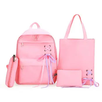 

4Pcs/Set School Bookbag Ribbon Bowknot Letter Canvas Backpack Travel Rucksacks Casual Dayback for Teenage Girls