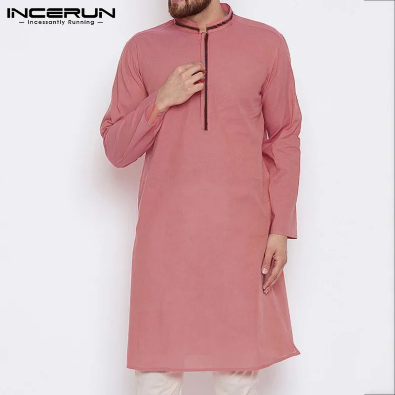 

INCERUN Men Jubba Thobe Islamic Kaftan Retro Long Sleeve Stand Collar Robes Dubai Saudi Arabia Abaya Men Muslim Clothing 2019