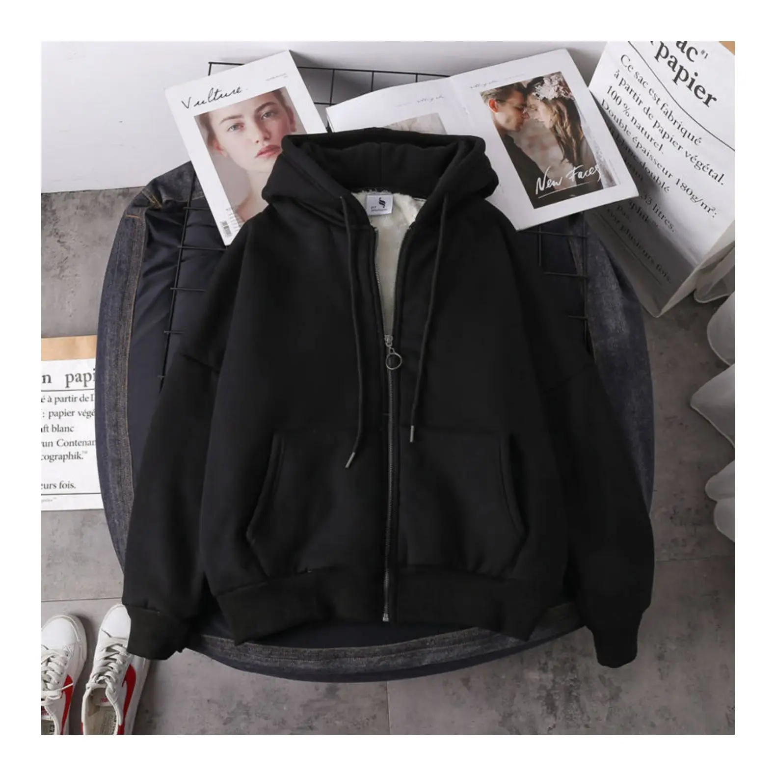 

With Hat Hoodies Women Thicker Winter Warm Soft Simple Basic Zip-up Teens Outerwear Hoodie Korean Popular Trendy Ladies Clothes
