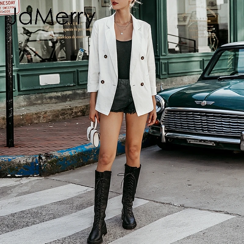 JaMerry винтажный двубортный женский пиджак пальто осенняя Повседневная Офисная Женская рабочая одежда верхняя одежда Уличная однотонная куртка пальто